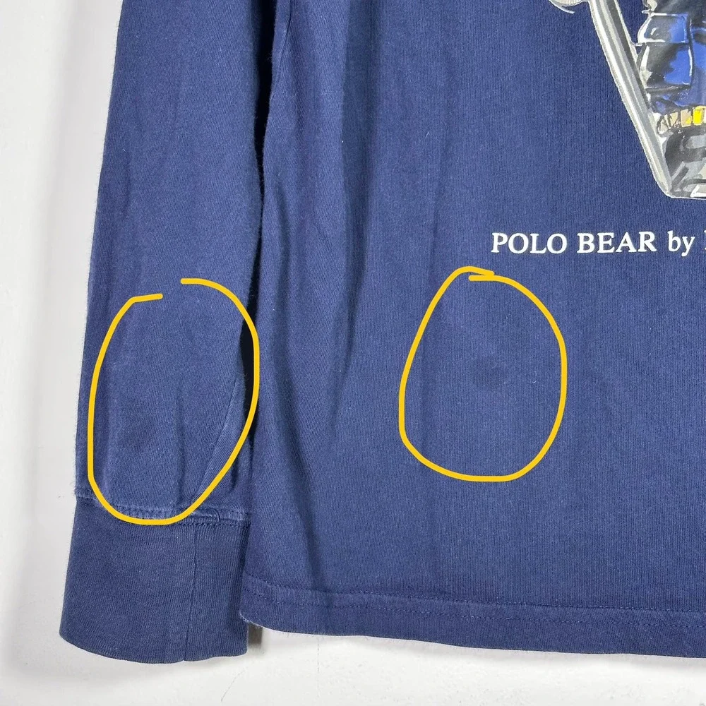 Polo Ralph Lauren Boys Navy Blue Skiing Polo Bear Long Sleeve Graphic Tee Size M
